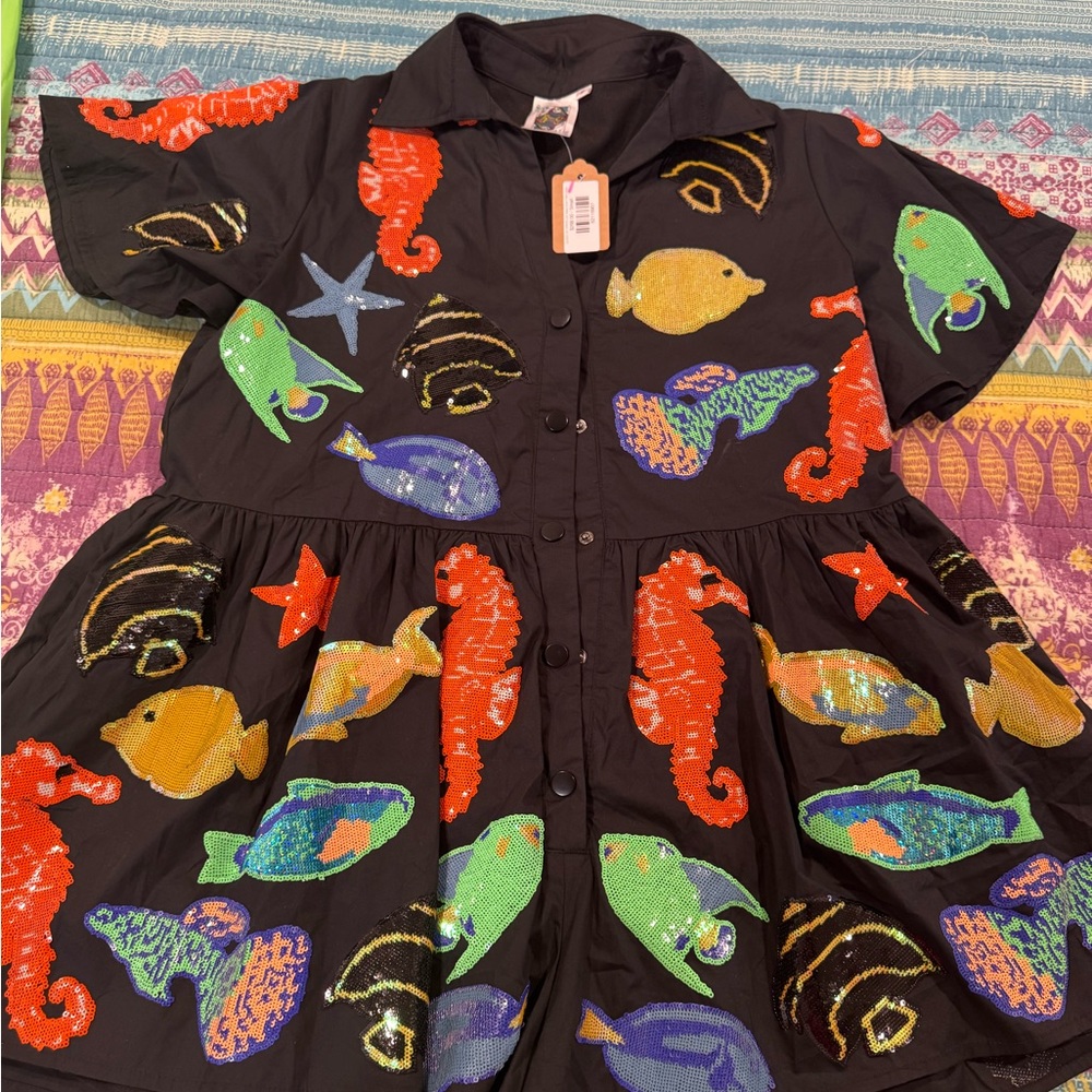 QUEEN OF SPARKLES Black Jumpsuit with Colorful Sea Life S NWT